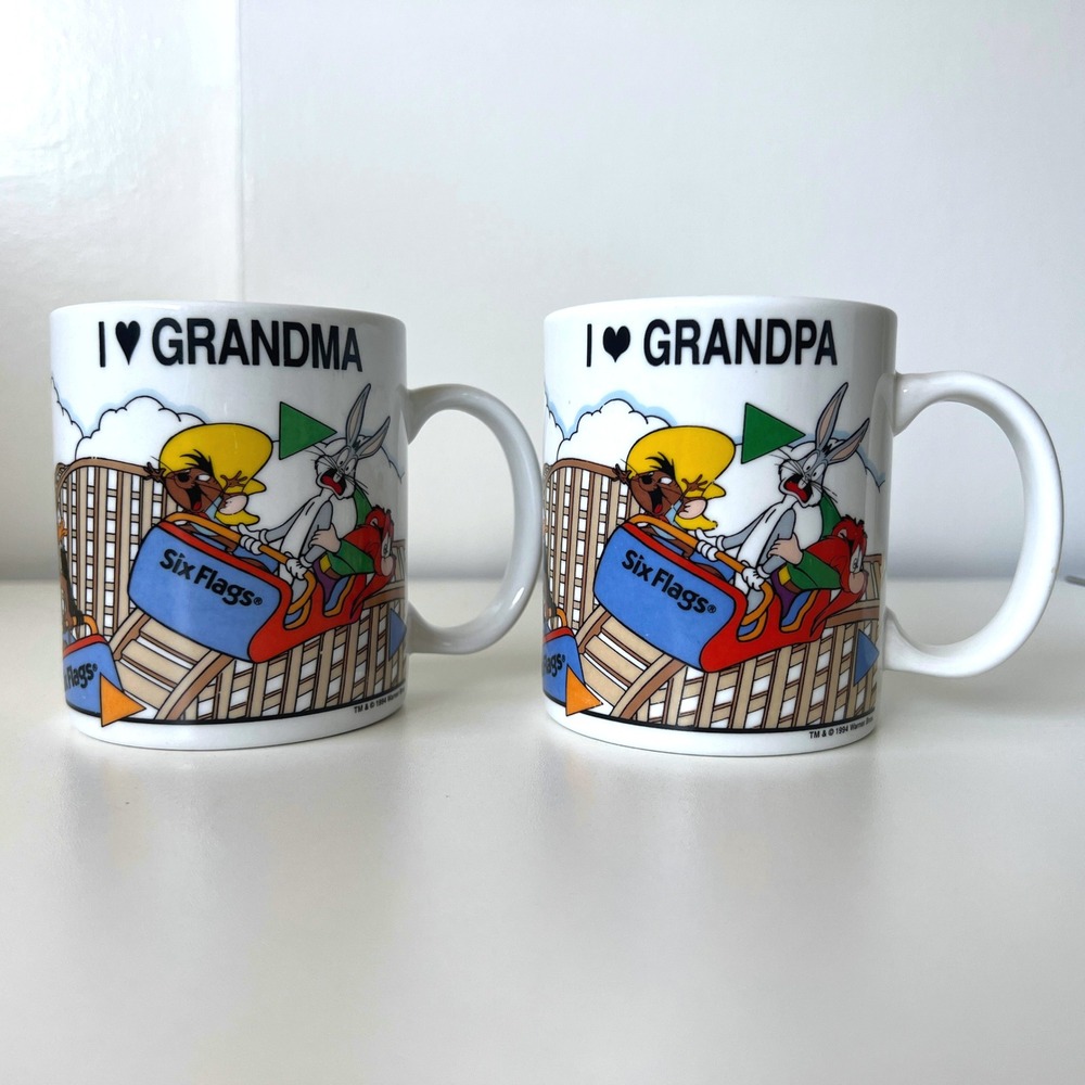 Vintage 1994 Six Flags Looney Tunes Grandma Grandpa Coffee Mugs Lot of 2